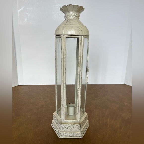 Small, Rustic, Ivory Metal Candle Lantern with Glass Panel Inserts - Picture 1 of 10